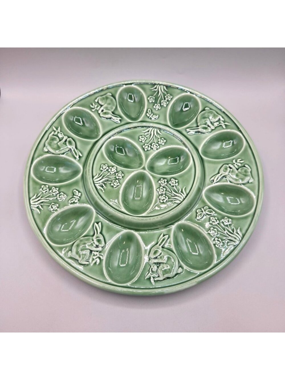 Bordallo Pinheiro Rabbit Green Majolica Deviled Egg Plate 13” Serving Portugal